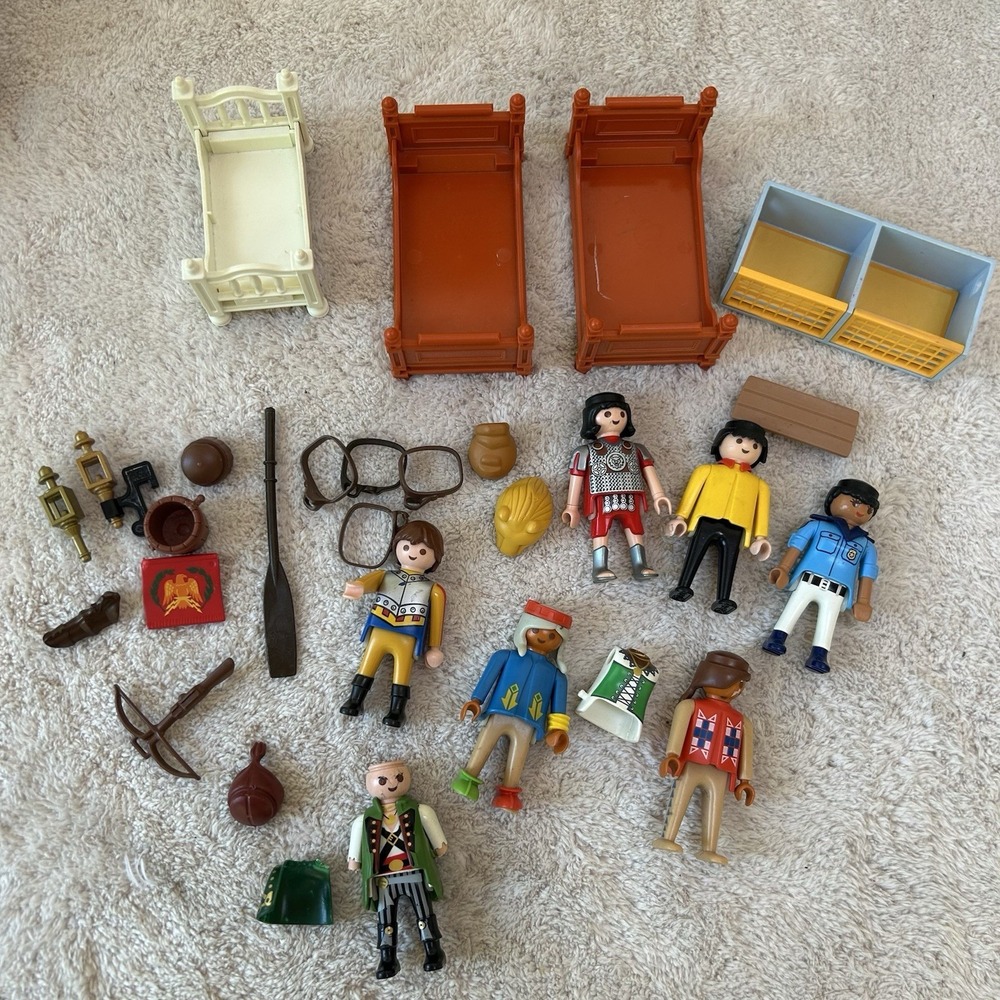 Lot of 6 VTG Playmobil Knights, Native American Figures Bow Arrows Beds READ